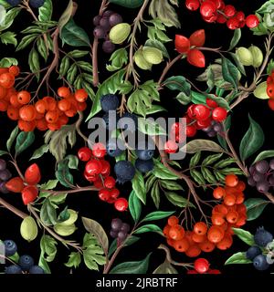Seamless pattern with berries, such as rowan, blueberries and other. Vector. Stock Vector