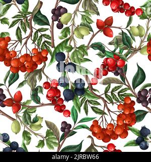 Seamless pattern with berries, such as rowan, blueberries and other. Vector. Stock Vector