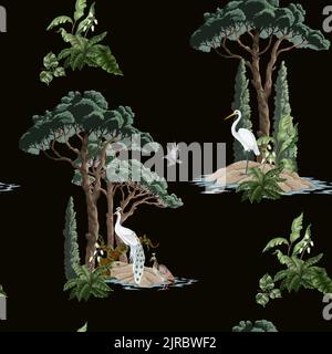 Seamless pattern with trees, bushes and birds. Vector Stock Vector