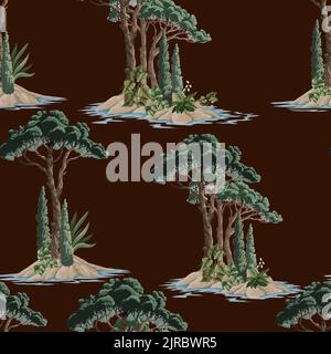 Seamless pattern with pine trees, bushes and plant. Vector. Stock Vector