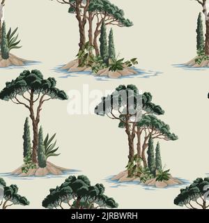 Seamless pattern with pine trees, bushes and plant. Vector. Stock Vector
