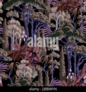 Seamless pattern with pine trees, bushes and plant. Vector. Stock Vector