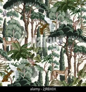 Seamless pattern with trees, bushes and animals. Vector Stock Vector