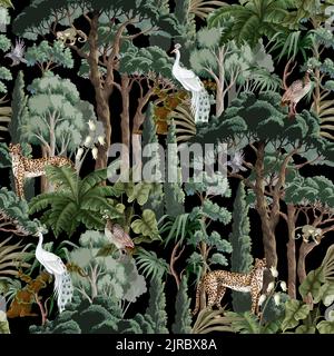 Seamless pattern with trees, bushes and animals. Vector Stock Vector