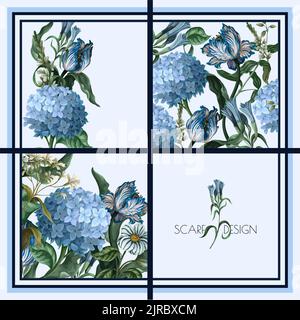 Design scarf with blue hydrangeas anf other flowers. Vector. Stock Vector