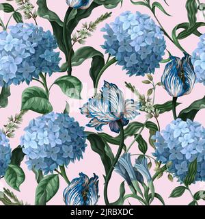 Seamless botanical pattern with hydrangeas and other flowers. Vector Stock Vector