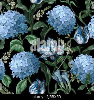 Seamless botanical pattern with hydrangeas and other flowers. Vector Stock Vector