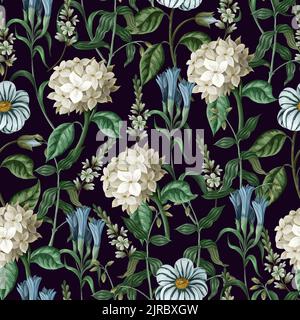 Seamless botanical pattern with hydrangeas and other flowers. Vector Stock Vector