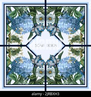 Design scarf with blue hydrangeas anf other flowers. Vector. Stock Vector