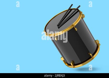 Realistic drum and wooden drum sticks on blue. 3d render of musical instrument Stock Photo