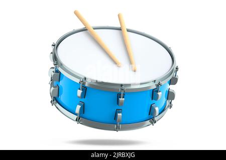 Realistic drum and wooden drum sticks on white. 3d render of musical instrument Stock Photo