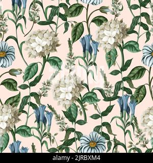 Seamless botanical pattern with hydrangeas and other flowers. Vector Stock Vector