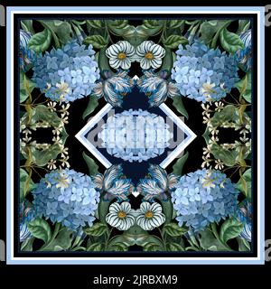 Design scarf with blue hydrangeas anf other flowers. Vector. Stock Vector