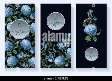Cards with blue hydrangeas and other flowers isolated. Vector Stock Vector