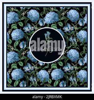Design scarf with blue hydrangeas anf other flowers. Vector. Stock Vector