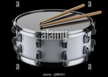 Realistic drum and wooden drum sticks on black. 3d render of musical instrument Stock Photo