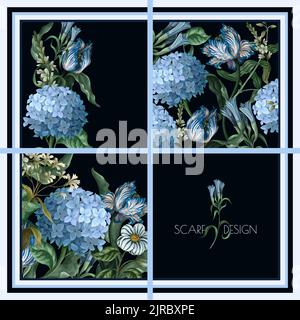 Design scarf with blue hydrangeas anf other flowers. Vector. Stock Vector