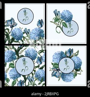 Cards with blue hydrangeas and other flowers isolated. Vector Stock Vector