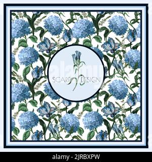 Design scarf with blue hydrangeas anf other flowers. Vector. Stock Vector