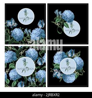 Cards with blue hydrangeas and other flowers isolated. Vector Stock Vector
