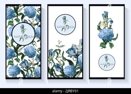 Cards with blue hydrangeas and other flowers isolated. Vector Stock Vector