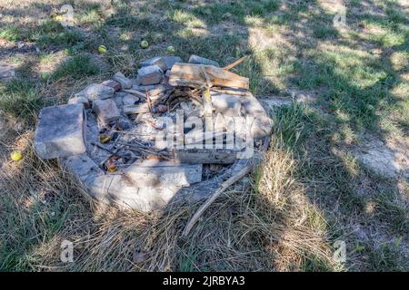 Field with an unlit campfire with gray and black extinguished ashes against green and dry grass, stones surrounding tree trunks found in the forest, i Stock Photo