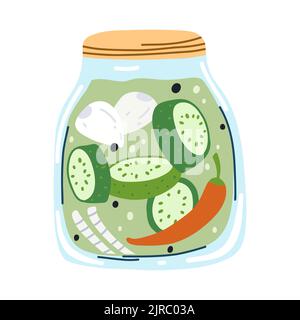 Home made cucumber pickles or vegetable marrow with with garlic, onion and hot pepper, canned vegetables in cartoon hand drawn flat style. Vector Stock Vector