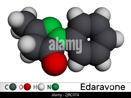 Edaravone molecule. It is used for treatment of amyotrophic lateral sclerosis ALS. Molecular model. 3D rendering. Illustration Stock Photo