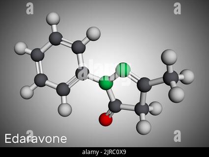 Edaravone molecule. It is used for treatment of amyotrophic lateral sclerosis ALS. Molecular model. 3D rendering. Illustration Stock Photo