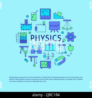 Physics science round banner in colored line style with place for text. Poster with physical symbols. Vector illustration Stock Vector