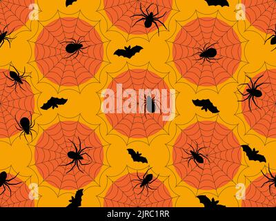 Halloween seamless pattern with cobwebs and spiders, bats in black on an orange background. Festive design for print, wrapping paper and banners. Vect Stock Vector