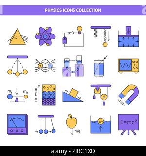 Physics science icon set in colored line style. Physical laws and symbols. Vector illustration Stock Vector