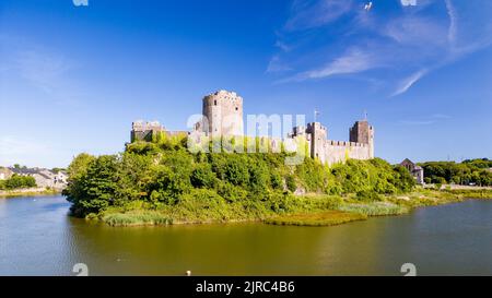 Aerial view of the ruins of historic Pembroke Castle in West Wales, Pembrokeshire Stock Photo