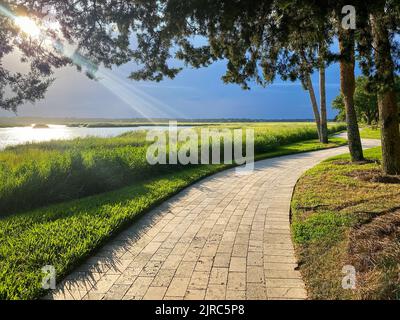 Peaceful brick path along a saltwater marsh with stormy skies and sunbeams shining through. Stock Photo