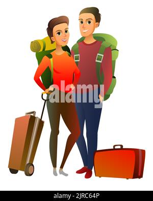 Tourists with backpacks and suitcases. Standing and smiling. Boy and girl or husband and wife. Isolated on white background. Vector Stock Vector