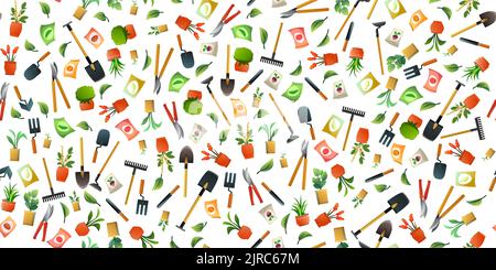 Agricultural rural garden tool. Seamless pattern. Isolated on white background. Shovels rakes and hoes. Flower pots with indoor plants. Packets of veg Stock Vector