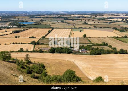 Wiltshire Countryside after prolonged dry weather during the summer heat wave from the top of Westbury White Horse,  Westbury, Wiltshire, England, UK Stock Photo