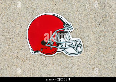 September 15, 2021, Moscow, Russia. The emblem of the Cleveland Browns football club on the sand of the beach. Stock Photo