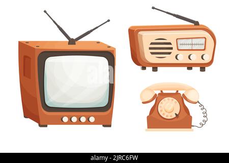 Set retro telephone, tv and radio in comic cartoon style isolated on white background. Old technology, plastic devices. . Vector illustration Stock Vector
