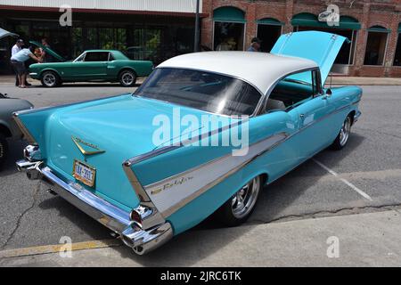 A 1957 Chevrolet BelAir Hard Top on display at a car show. Stock Photo