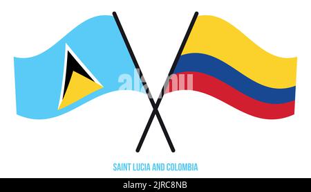 Saint Lucia and Colombia Flags Crossed And Waving Flat Style. Official Proportion. Correct Colors. Stock Vector