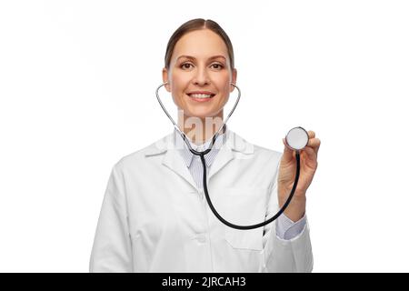 happy smiling female doctor with stethoscope Stock Photo