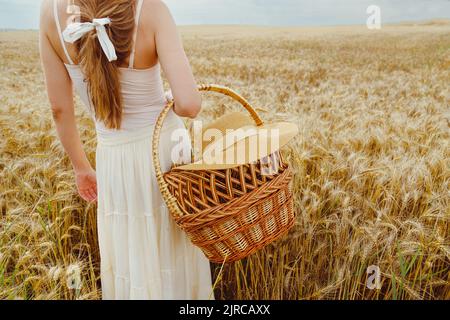 Ripe wheat ears in wicker basket in woman hands walking in wheat field. Harvest concept Stock Photo
