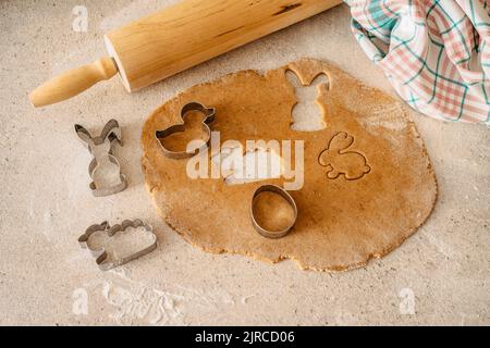 Easter baking flat lay.Spring symbols made from gingerbread.Homemade cookies.Easter bunny,rabbit,eggs and ducks from delicious honey dough.Happy Easte Stock Photo