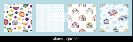 Set of seamless patterns with colorful rainbows, blue clouds and drops. Nursery art design for decoration, childish printing for fabric and wall art. Stock Vector