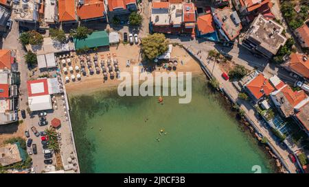 Top aerial view to the town beach in Skala Marion beach at Thassos island, Greece Stock Photo