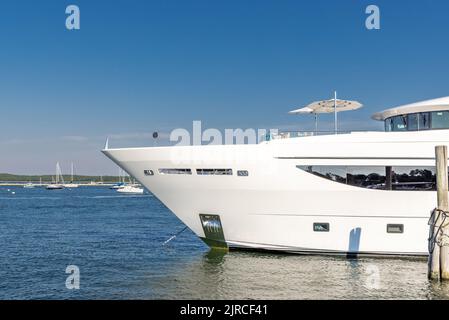 Bow of a large motor yacht in Sag Harbor, NY Stock Photo