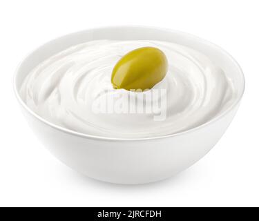 olive with mayonnaise, sour cream, yogurt, isolated on white background, clipping path, full depth of field Stock Photo