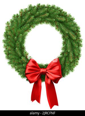 christmas wreath, red ribbon bow, isolated on white background Stock Photo