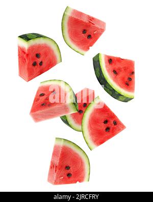 Falling watermelon isolated on white background, clipping path, full depth of field Stock Photo